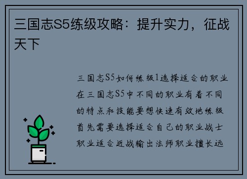 三国志S5练级攻略：提升实力，征战天下